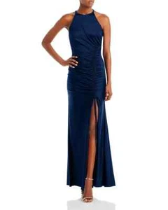 AQUA Ruched Halter Evening Dress Women's 0 Ink Open Back Sleeveless Zip Closure - Picture 1 of 15