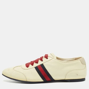 Gucci Cream Patent Leather Web Lace Up Sneakers Size 35 - Picture 1 of 9