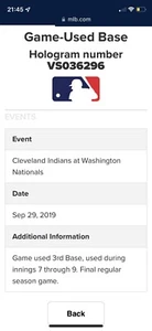 Washington Nationals v. Indians Game Used 2019 Base Last Game COA World Series - Picture 1 of 8