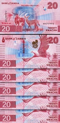 Zambia 20 Kwacha 2024 2025, UNC, 5 Pcs LOT, P-63, New Design, Deer EAGLE - Image 1 of 4