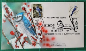 Peterman Hand Painted Blue Jay, Birds of Winter Sc.# 5537 & 5320 Dual First Day - Picture 1 of 1