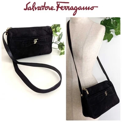 Ferragamo Antiguo Vintage Gamuza Cuero Bolso de Hombro Bandolera Bolso Negro para W Foto 1 de 4