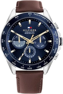 Tommy Hilfiger 1791965 Men's Brown Leather Strap Multifunction Blue Dial 46mm - Picture 1 of 4