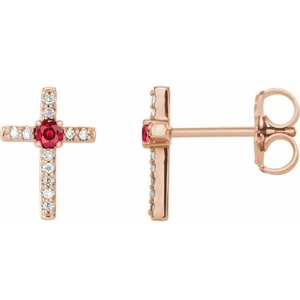Chatham Created Ruby & .06CT Diamond Cross Earrings In 14K Rose Gold - Picture 1 of 2