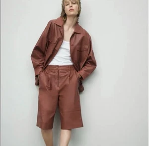 New Zara Genuine Lambskin Leather Bermuda Shorts Reddish Brown Marsala In Medium - Picture 1 of 19
