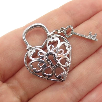 JANE SEYMOUR Sterling Silver Real Black & White Diamond Heart Lock Key Pendant - Image 1 of 4