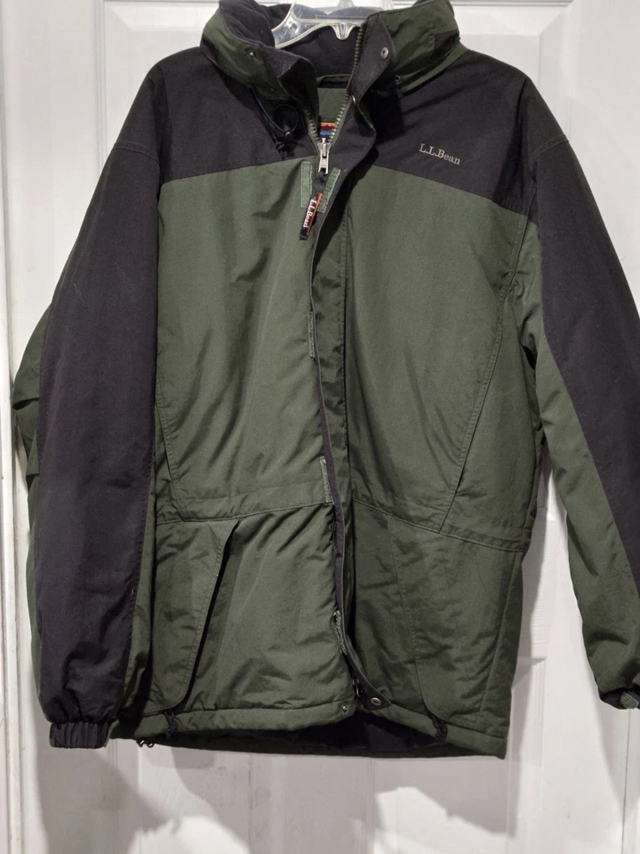 LL Bean 男式连帽夹克 Parka Thinsulate 夹克绿色黑色男式 L — 第 1/3 张图片