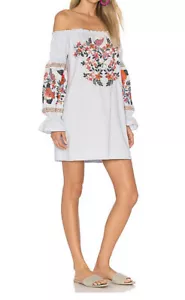 Mini Vestido Túnica Free People Fleur Du Jour Bordado Hombro Descubierto Azul Ligero XS - Imagen 1 de 6
