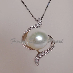 Huge Genuine 11mm White Pearl CZ Pendant Necklace 18" Cultured Freshwater #114 - Picture 1 of 1
