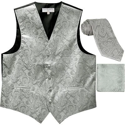 New Men's Formal Vest Tuxedo Waistcoat_necktie set paisley pattern prom silver - Image 1 of 4