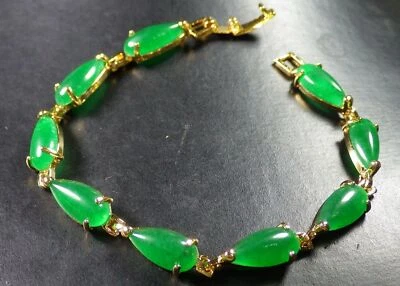 Genuine Green Jade Teardrop Cabochon Beads 18KGP Link Clasp Bangle Bracelet - Image 1 of 4