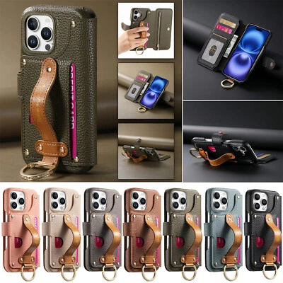 For iPhone 16 Pro Max 15 14 13 12 11 Zipper Card Wristband Stand Magnetic Case - Image 1 of 4
