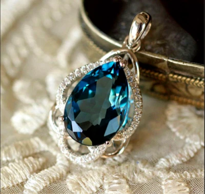 Colgante gota lágrima topacio azul Londres pera 3 quilates acabado oro blanco 14K cadena gratis Foto 1 de 4