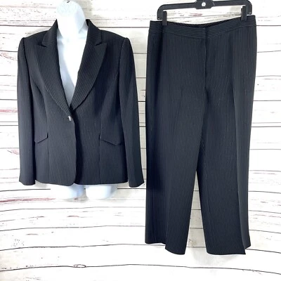 Traje pantalón Tahari ASL 2PC para mujer Petite 12P negro a rayas blazer botones Foto 1 de 4