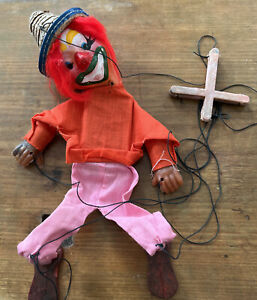 Vintage Mexican Clown Stringed Marionette Puppet Doll Wood Straw Hat 16 Inch