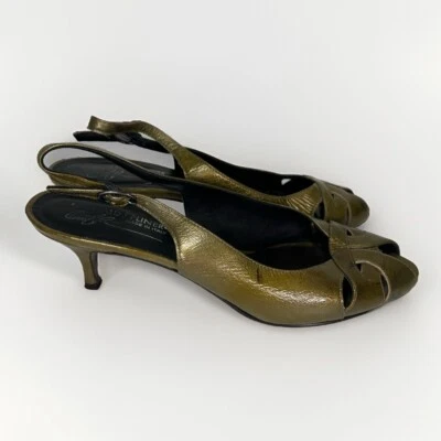 Donald J Pliner Metálico Cuero Verde-Dorado Tacones Cordones Peep Talla 9.5 M Italia Foto 1 de 4