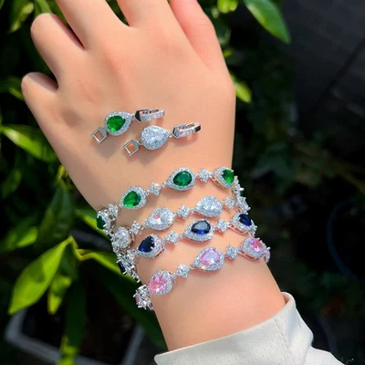 Silver Plated CZ Blue Pink Green TearDrop Tennis Chain Link Bracelet for Brides - Image 1 of 4