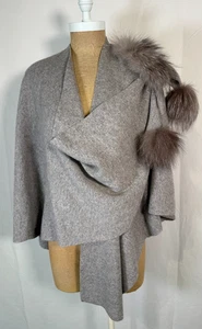 Mitchie's Luxurious Gray Wool with Blue Canadian Fox Fur Trim Wrap Shawl Jacket - Picture 1 of 21