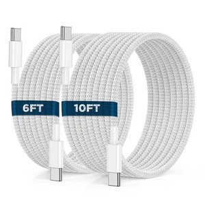 USB C to C Cable 6FT+10FT 2Pack 60W iPhone 16 15 Charger 6TF+10FT, White - Afbeelding 1 van 7
