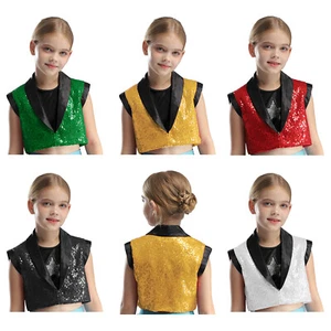 Kids Girls Jacket Dance Vest Lapel Tank Top Jazz Sparkly Holiday Contrast Suit - Picture 1 of 69