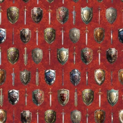 Acolchado Tesoros Magos y Guerreros Espadas y Escudos Óxido, Tela por Yarda Foto 1 de 4