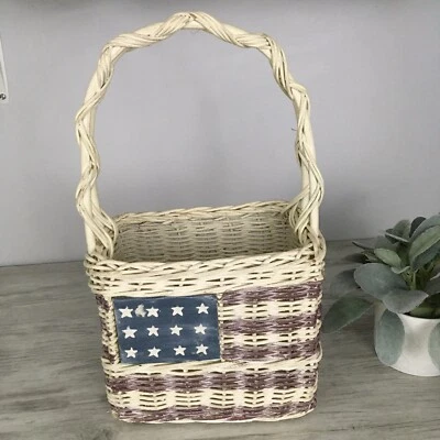 Vintage Patriotic American Flag Basket Rustic Wicker Rattan Primitive Farmhouse  - Image 1 of 4