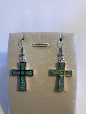 Pendientes de gancho colgantes cruz ópalo de fuego verde  Foto 1 de 4