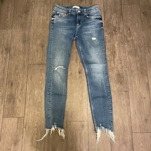 ZARA WOMAN Jeans Size 3 Blue Premium Denim Collection Raw Hem Distressed Jean - Picture 1 of 6