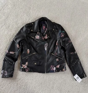 Pink Key Black Pink Floral Faux Leather Moto Jacket Juniors Size XL  - Picture 1 of 14
