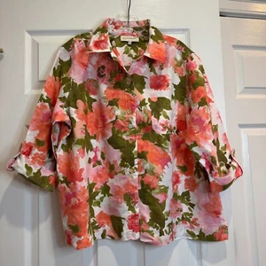 Jones New York 100% Linen Blouse Floral Button Up 3/4 Sleeves Pocket Size XL - Picture 1 of 18
