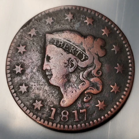 1817 (13 STARS) MATRON HEAD, LARGE CENT, 205 YEARS OLD!! Vf / Xf Us Copper Coin Cover