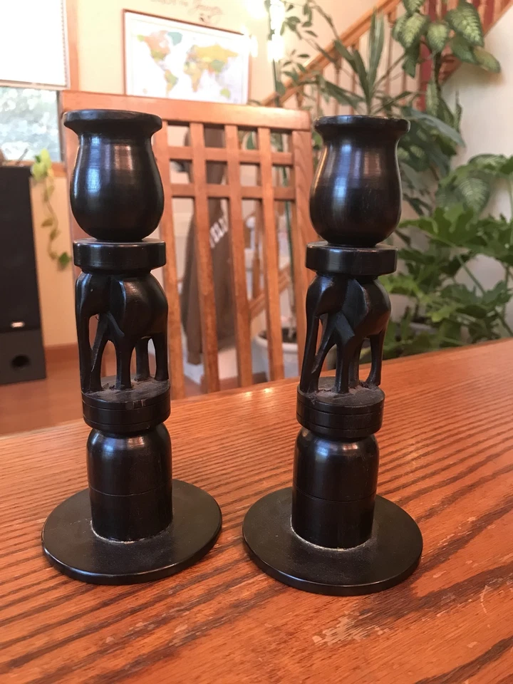 STUNNING CARVED HARD WOOD Dark Brown ELEPHANT CANDLESTICK HOLDERS Vintage - Image 1 of 4