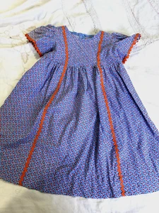 Vintage 70s Handmade Long Prairie Dress 9 mos Blue Red Ditsy Floral Red Rickrack - Picture 1 of 9