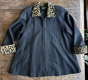 Vintage Jofeld Black Wool Blend Coat/Velvet Cheetah Trim Women’s Size Medium USA - Picture 1 of 15