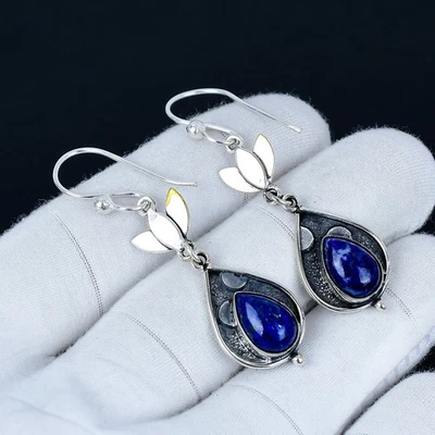 Orecchini In Pietra Naturale Di Lapis Lazuli In Argento Sterlina 925 Per Regali - Immagine 1 di 4