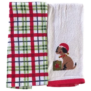 Christmas Plaid Santa Puppy Dog Kitchen Towel Set, 2 Terry Dish Towels - Picture 1 of 3