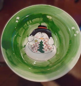 Hand-Painted Christmas Snowman Pottery Serving Bowl Made & Signed Deb 10 3/4"D - Picture 1 of 23
