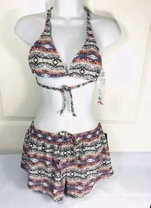 NWT VOLCOM Swimsuit Bikini 2pc set Size XS/M MVE Mauve Bandeau Stripy bra - Picture 1 of 3