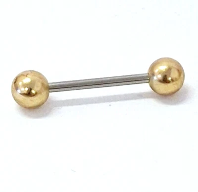 Anel de mamilo língua barbell calibre 14 5/8" 6mm ouro IP bolas aço  - Imagem 1 de 3