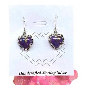 Purple Copper Turquoise Earrings Solid Sterling Silver 925 Dangle Drop Hearts - Picture 1 of 8