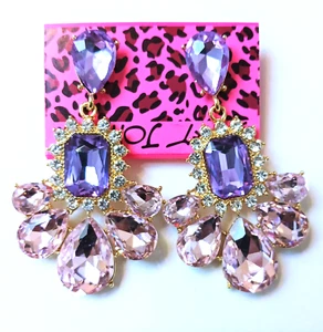 Purple Chandelier JEWELS Rhinestone Betsey Johnson Pink Drag Queen Earrings - Picture 1 of 15