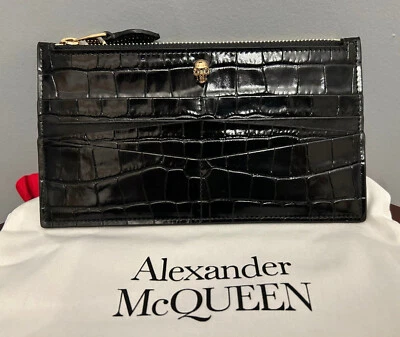 ALEXANDER McQUEEN Skull Flat Zip Wallet in Croc-Embossed Black Leather w/ GHW - Image 1 of 4