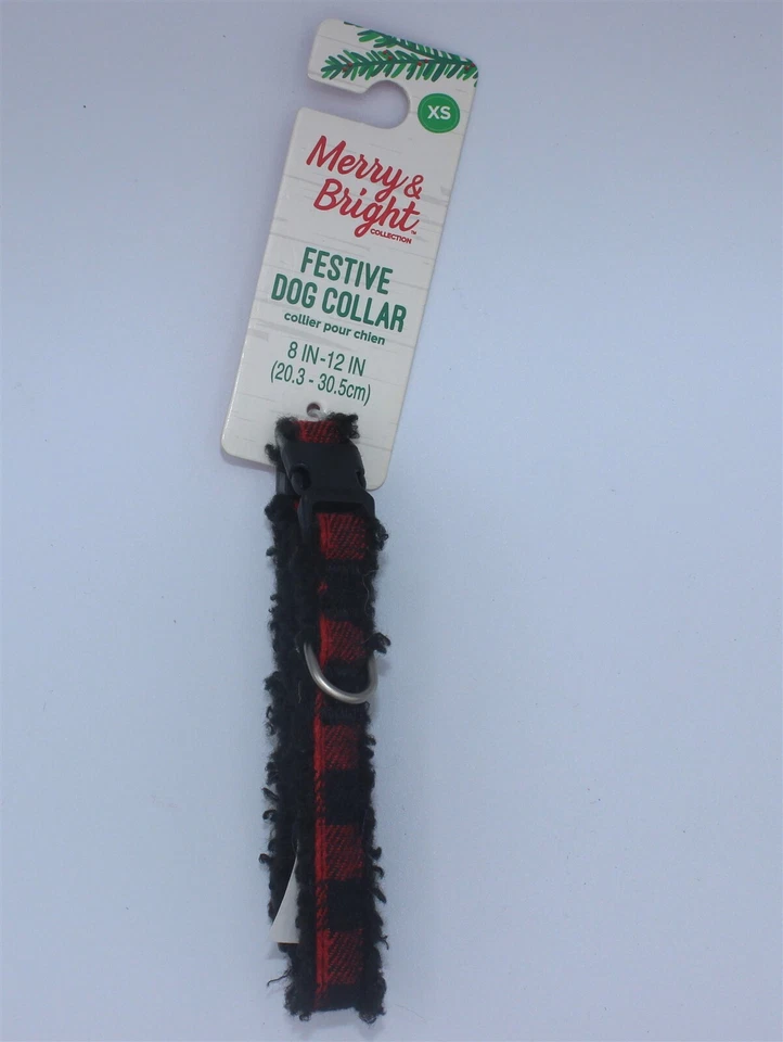 XS Christmas Dog Collar Buffalo Plaid Red Black Fuzzy Trim Fabric Merry & Bright