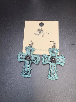 Pendientes colgantes de cruz de color turquesa con piedras de imitación turquesa Foto 1 de 3