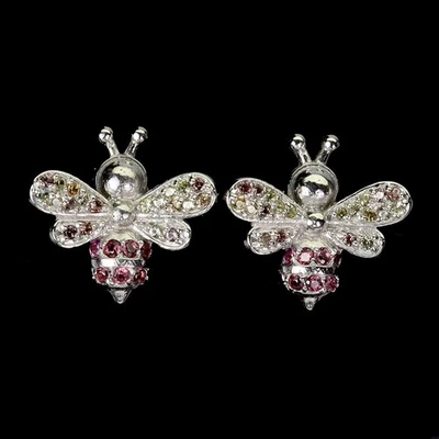 Pendientes de plata de ley 925 redondos zafiro rodolita piedras preciosas joyería de abeja Foto 1 de 4