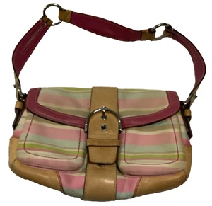 Borsa a tracolla Coach vintage 1886 fibbia rosa righe pastello Soho raso e pelle - Foto 1 di 12