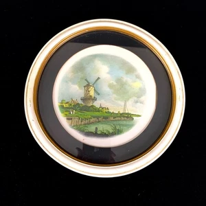 Vintage Round Wooden White Framed Art w Green Windmill 9 inch Glass Excellent - Picture 1 of 10