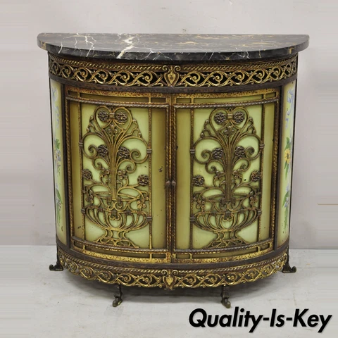 French Victorian Wrought Iron Oscar Bach Demilune Marble Top Console Cabinet Cover