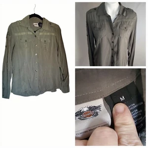 Harley Davidson MC 03 Y2k Damen Militärgrün Shirt Größe M Nieten Sterne - Bild 1 von 11