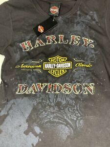 Harley Davidson Women's Sz PL Blk Shadow Design & Logo Tee, Short Slv V-neck NWT